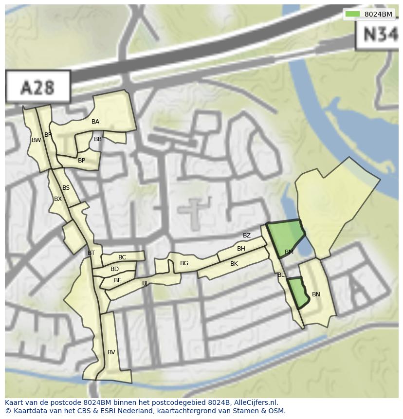 Afbeelding van het postcodegebied 8024 BM op de kaart.