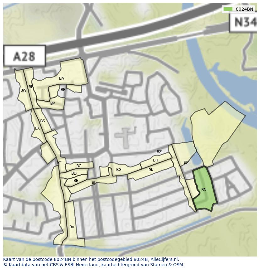 Afbeelding van het postcodegebied 8024 BN op de kaart.