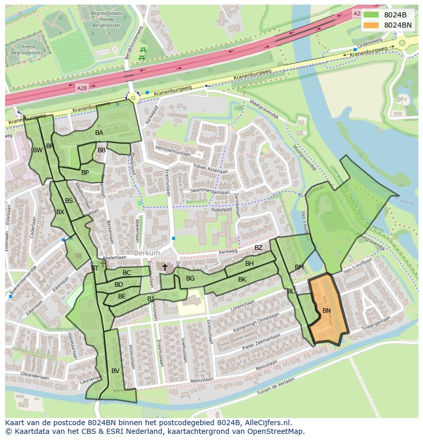 Afbeelding van het postcodegebied 8024 BN op de kaart.