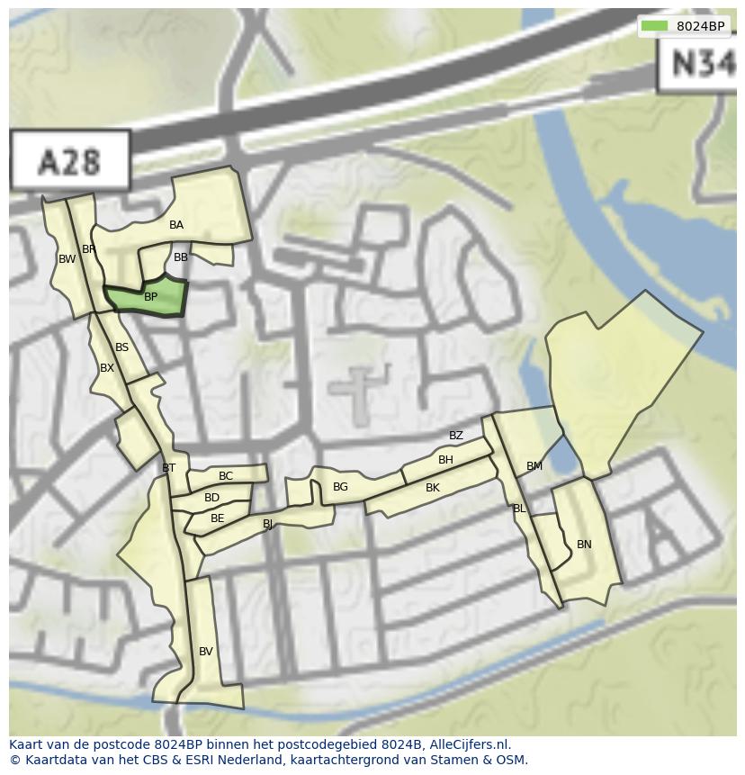 Afbeelding van het postcodegebied 8024 BP op de kaart.
