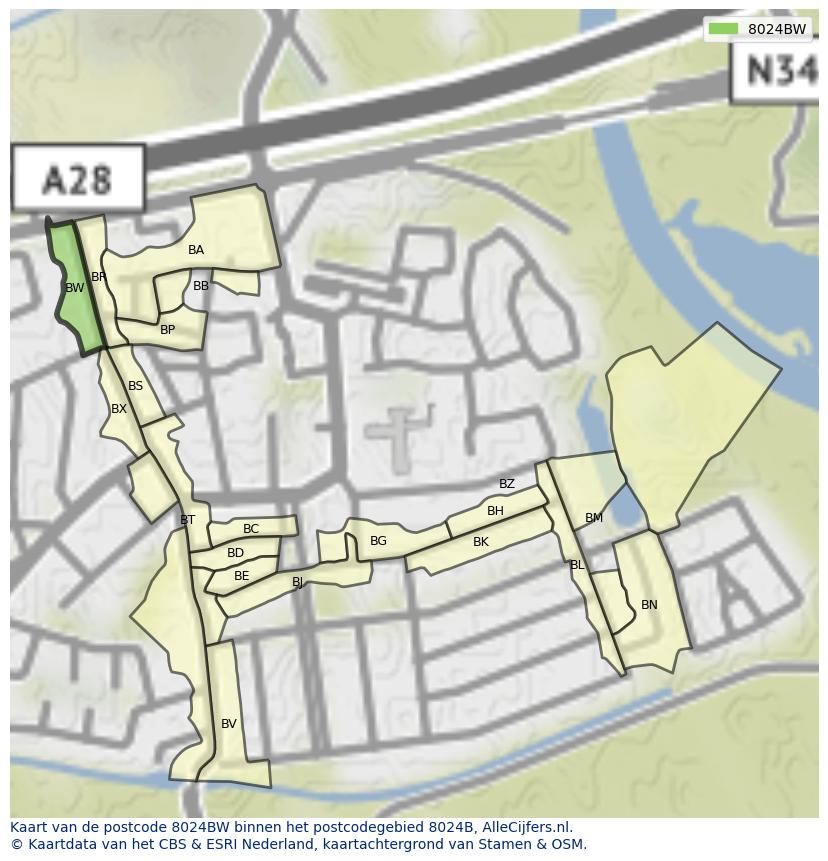 Afbeelding van het postcodegebied 8024 BW op de kaart.