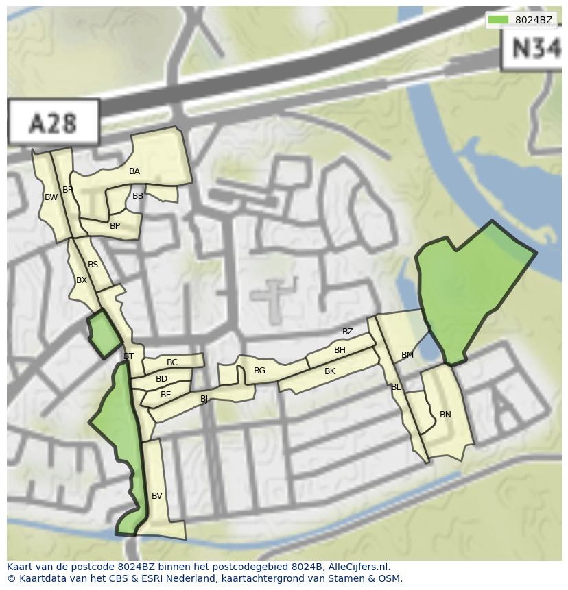 Afbeelding van het postcodegebied 8024 BZ op de kaart.