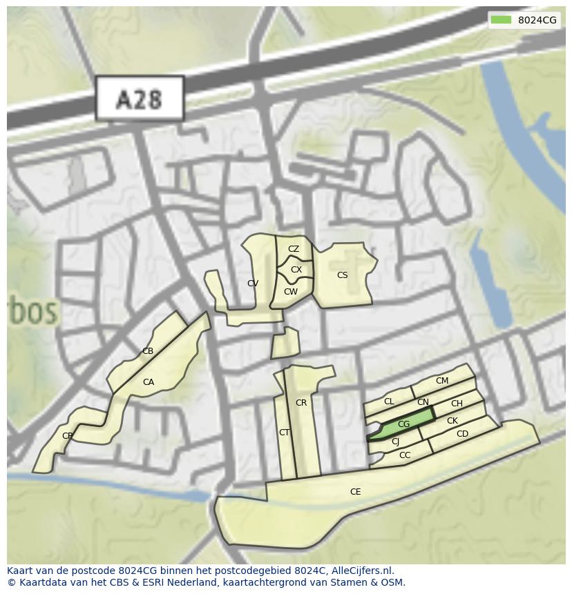 Afbeelding van het postcodegebied 8024 CG op de kaart.