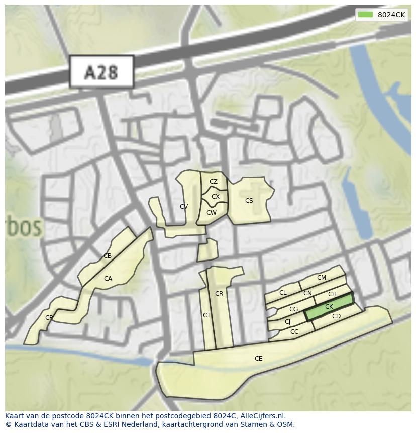 Afbeelding van het postcodegebied 8024 CK op de kaart.