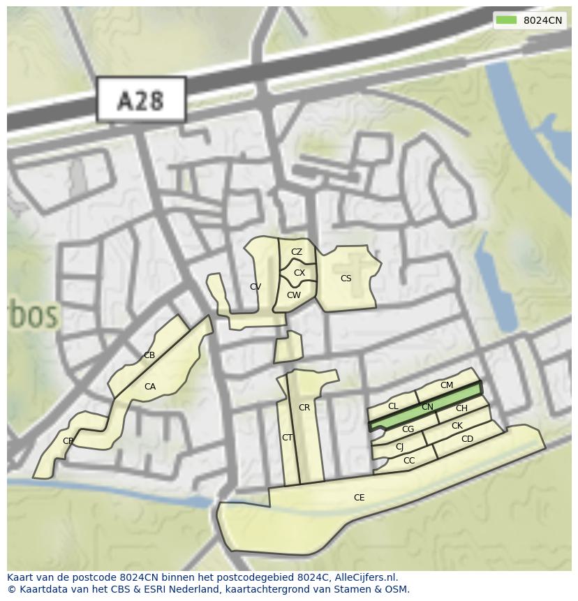 Afbeelding van het postcodegebied 8024 CN op de kaart.