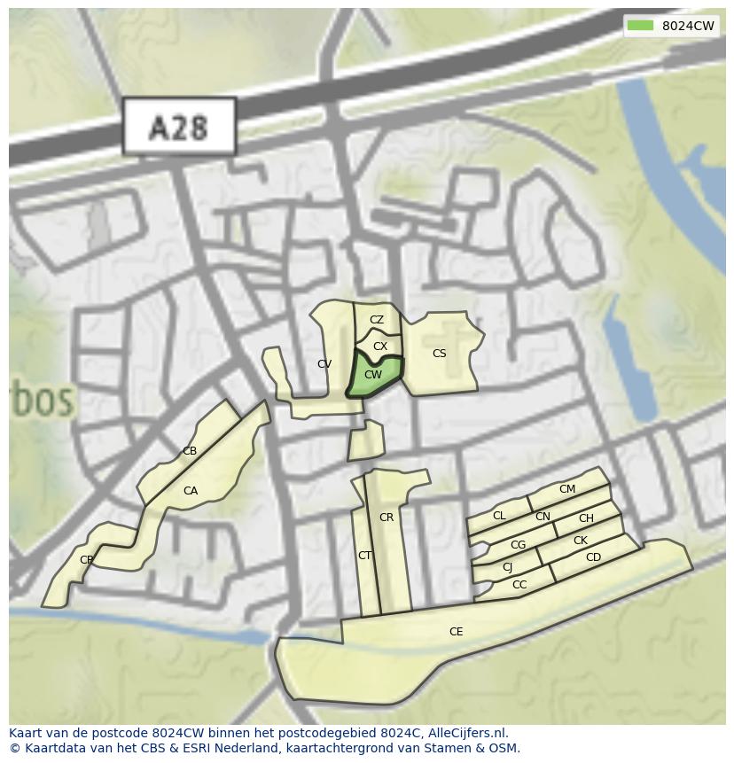 Afbeelding van het postcodegebied 8024 CW op de kaart.
