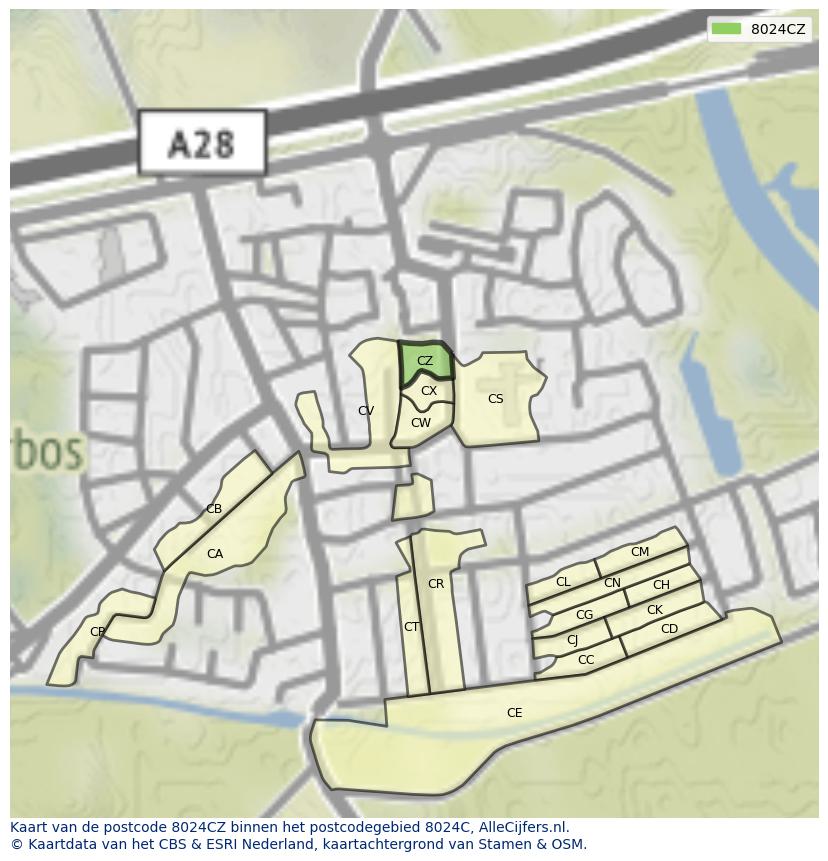 Afbeelding van het postcodegebied 8024 CZ op de kaart.