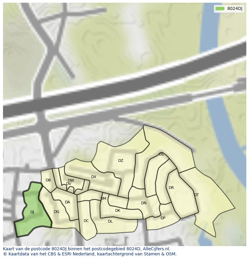 Afbeelding van het postcodegebied 8024 DJ op de kaart.