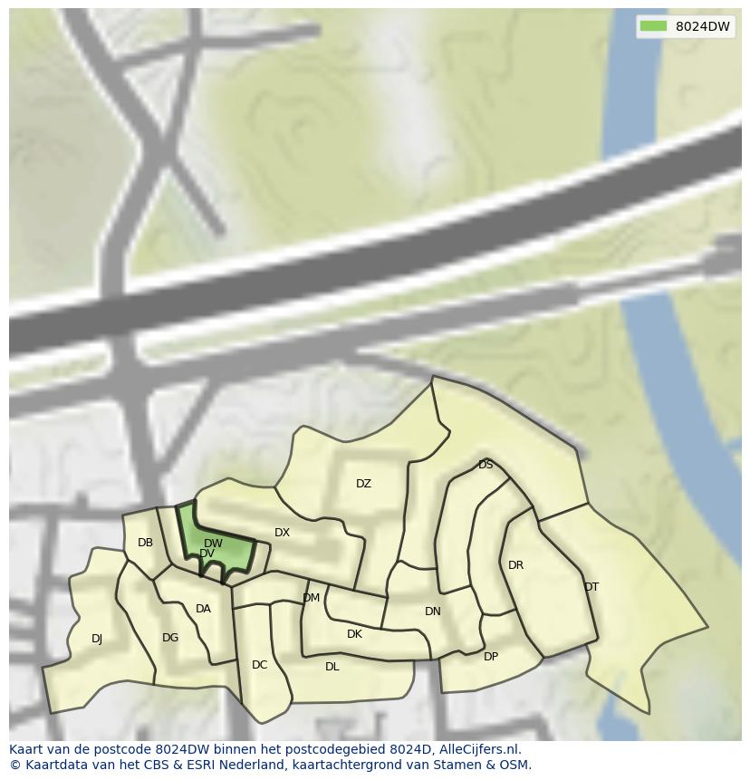 Afbeelding van het postcodegebied 8024 DW op de kaart.