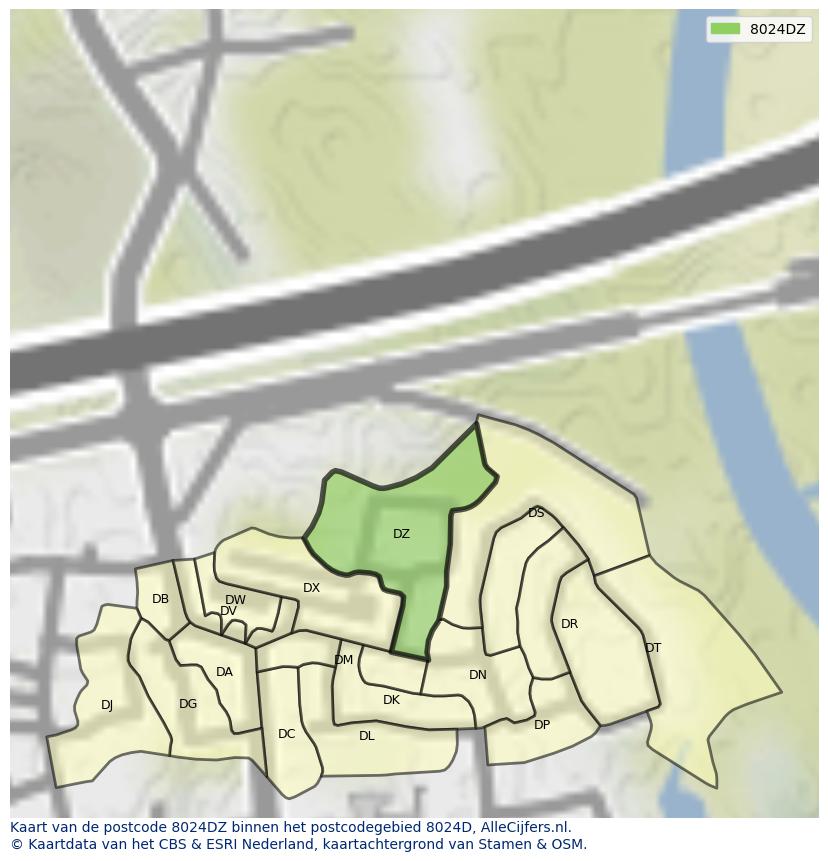 Afbeelding van het postcodegebied 8024 DZ op de kaart.