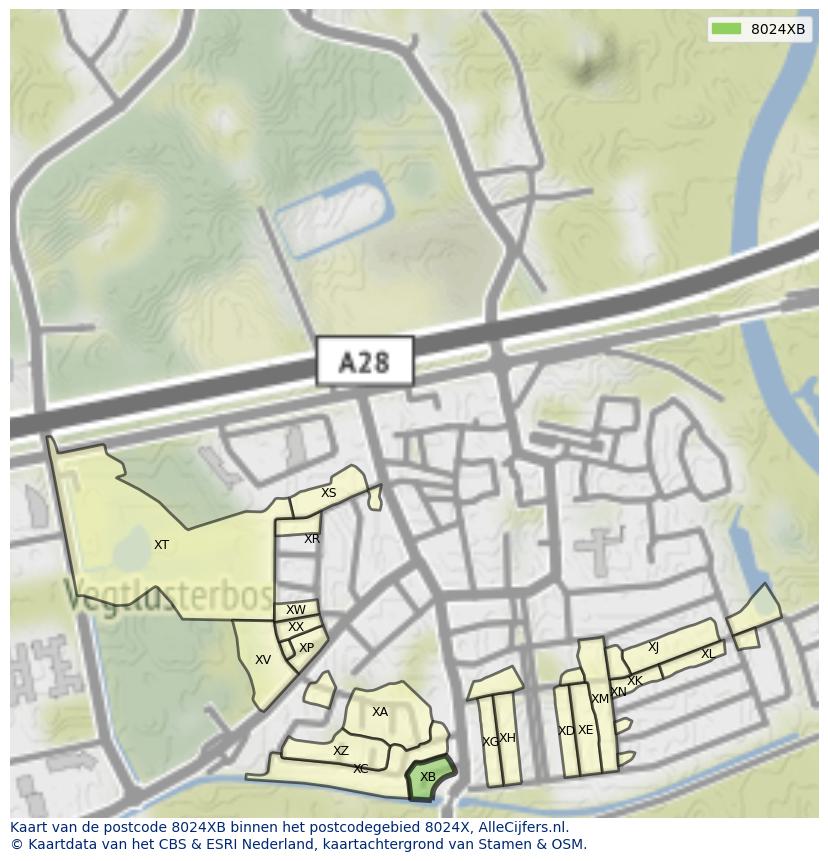 Afbeelding van het postcodegebied 8024 XB op de kaart.