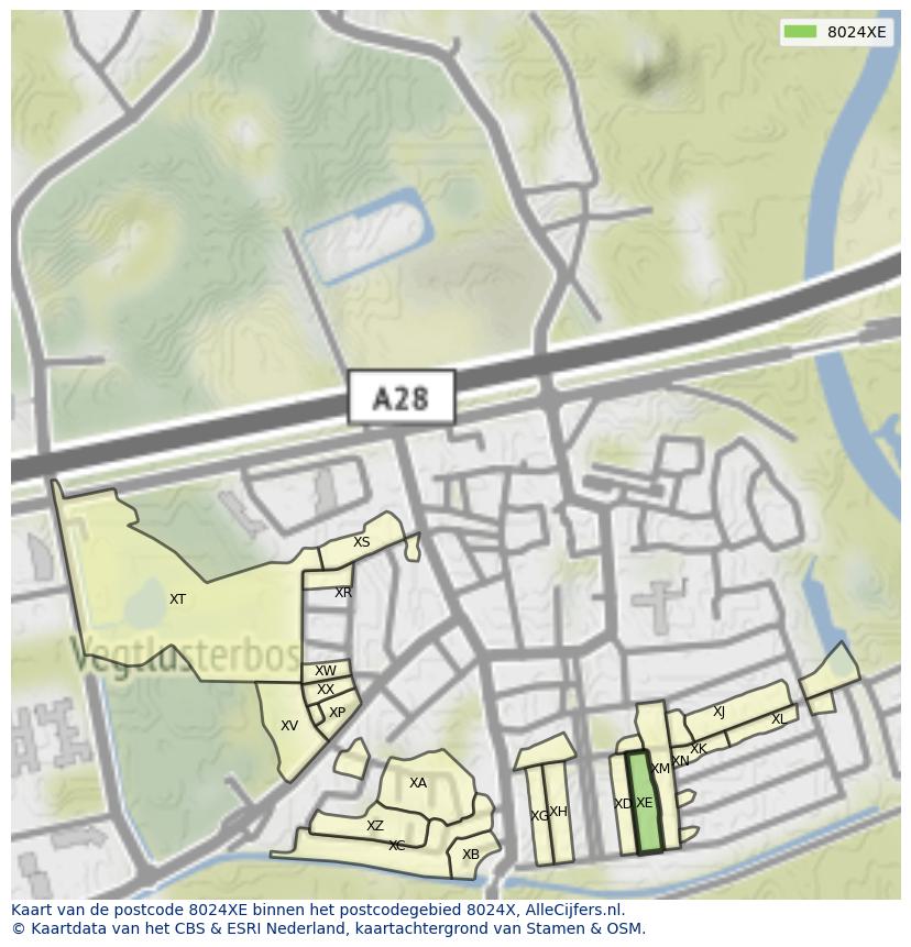Afbeelding van het postcodegebied 8024 XE op de kaart.