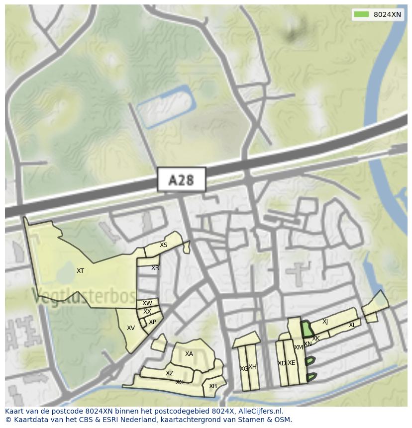 Afbeelding van het postcodegebied 8024 XN op de kaart.