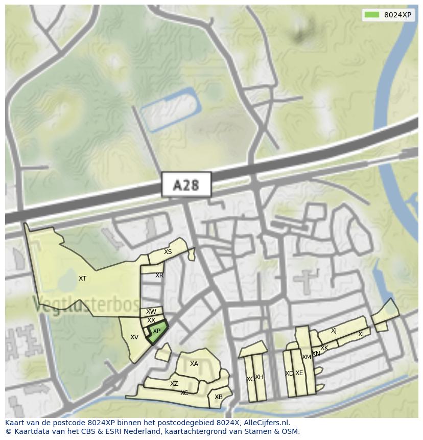 Afbeelding van het postcodegebied 8024 XP op de kaart.