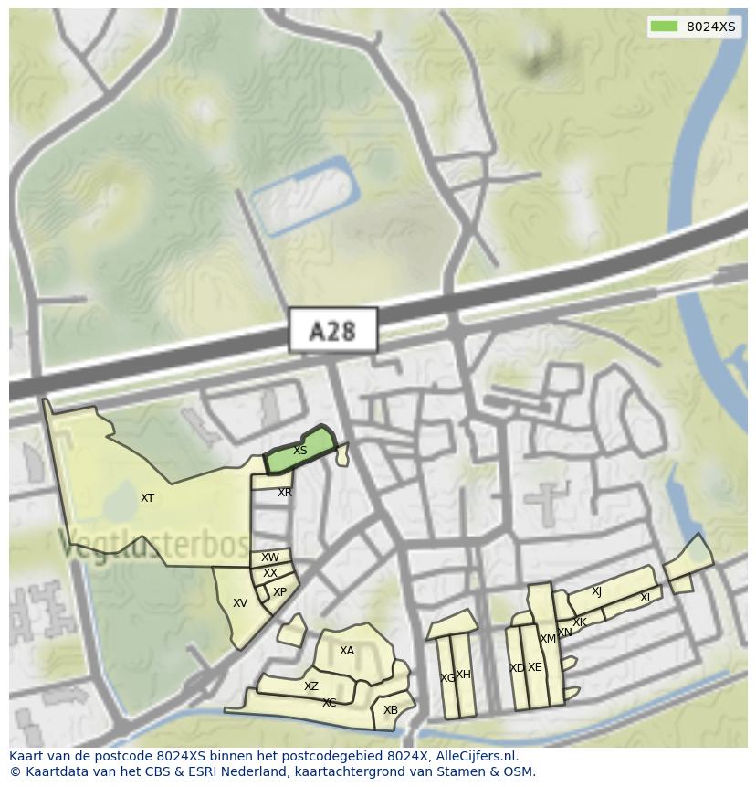 Afbeelding van het postcodegebied 8024 XS op de kaart.