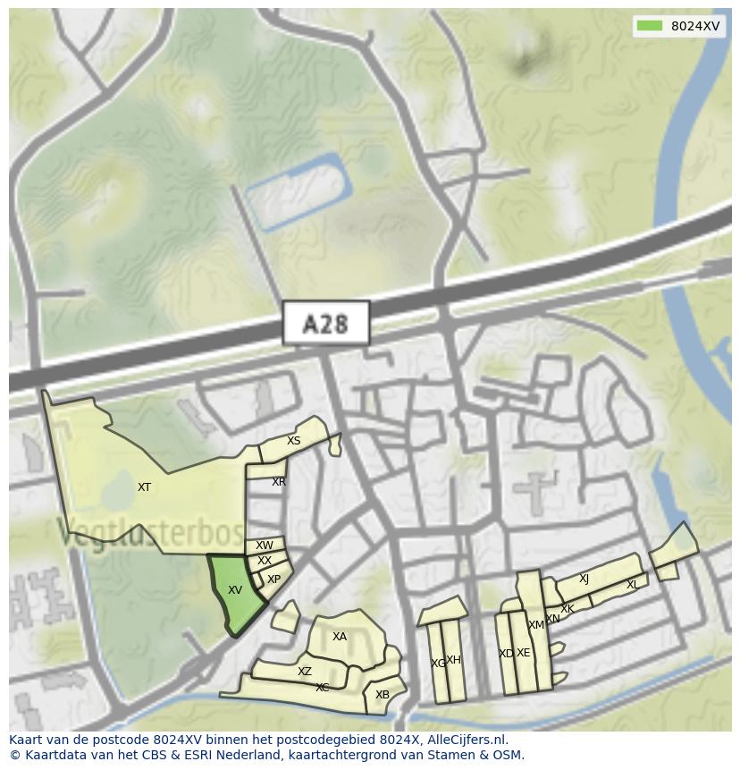 Afbeelding van het postcodegebied 8024 XV op de kaart.
