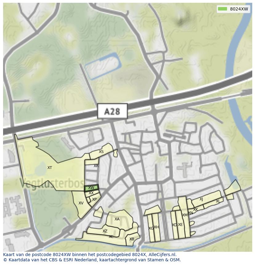 Afbeelding van het postcodegebied 8024 XW op de kaart.