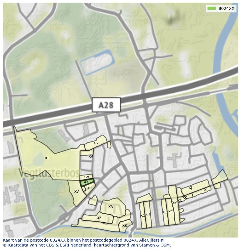 Afbeelding van het postcodegebied 8024 XX op de kaart.