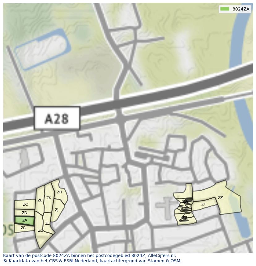 Afbeelding van het postcodegebied 8024 ZA op de kaart.