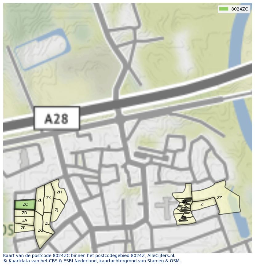Afbeelding van het postcodegebied 8024 ZC op de kaart.