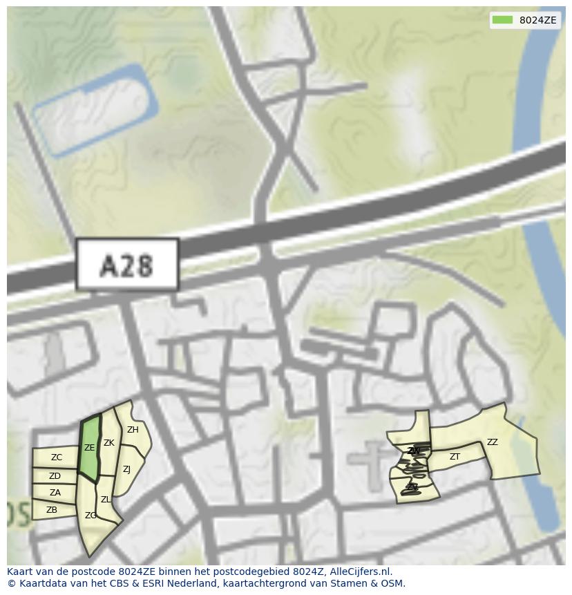 Afbeelding van het postcodegebied 8024 ZE op de kaart.