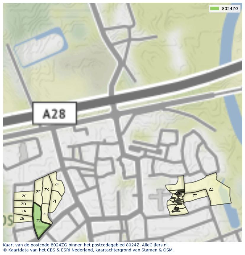 Afbeelding van het postcodegebied 8024 ZG op de kaart.