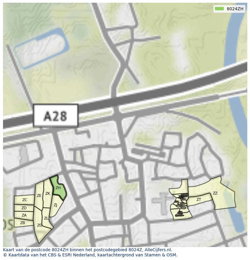 Afbeelding van het postcodegebied 8024 ZH op de kaart.