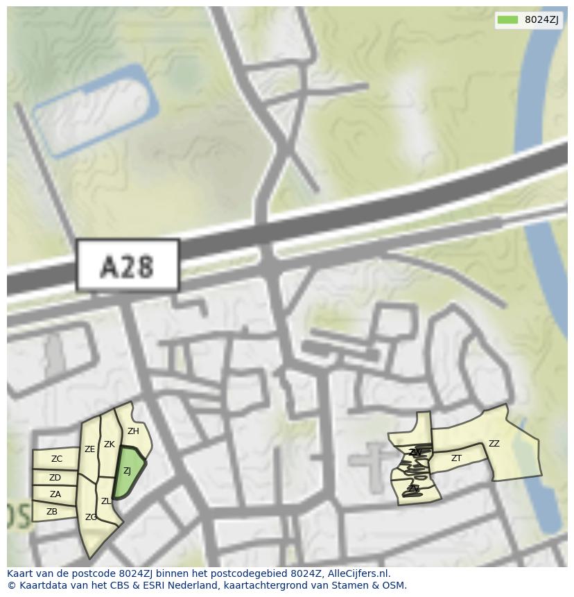 Afbeelding van het postcodegebied 8024 ZJ op de kaart.