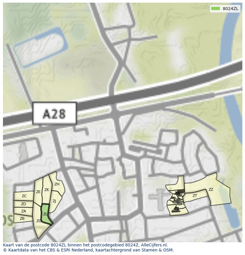 Afbeelding van het postcodegebied 8024 ZL op de kaart.