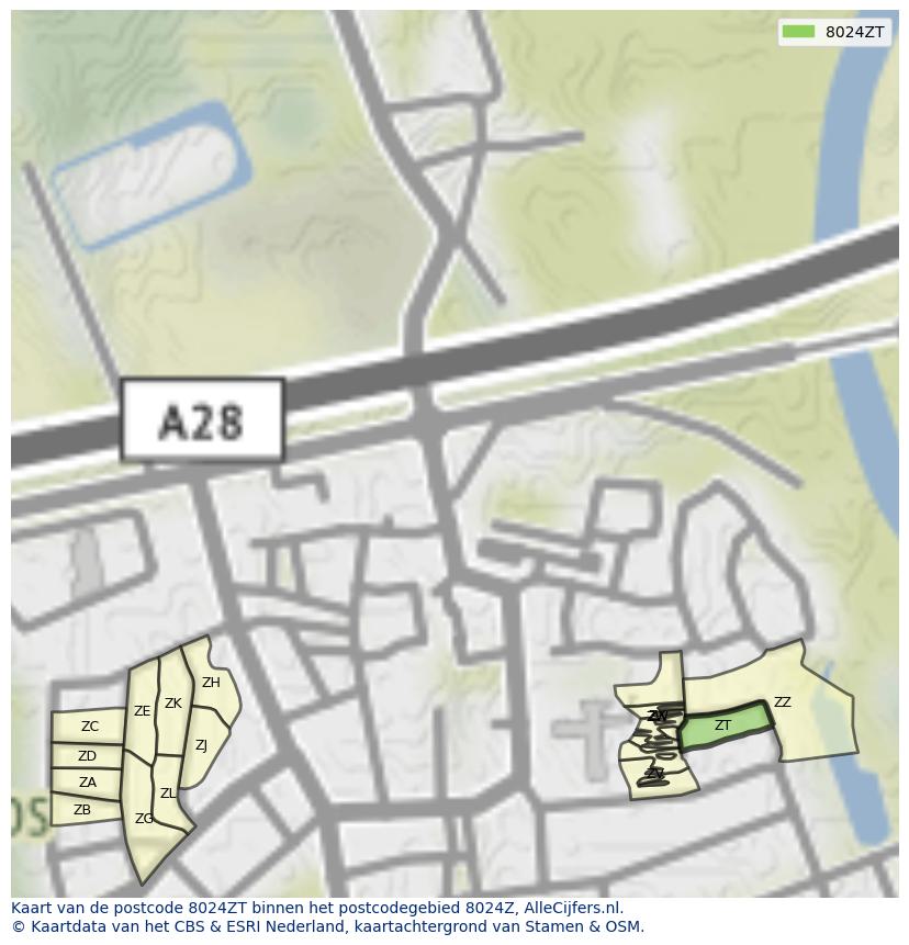 Afbeelding van het postcodegebied 8024 ZT op de kaart.