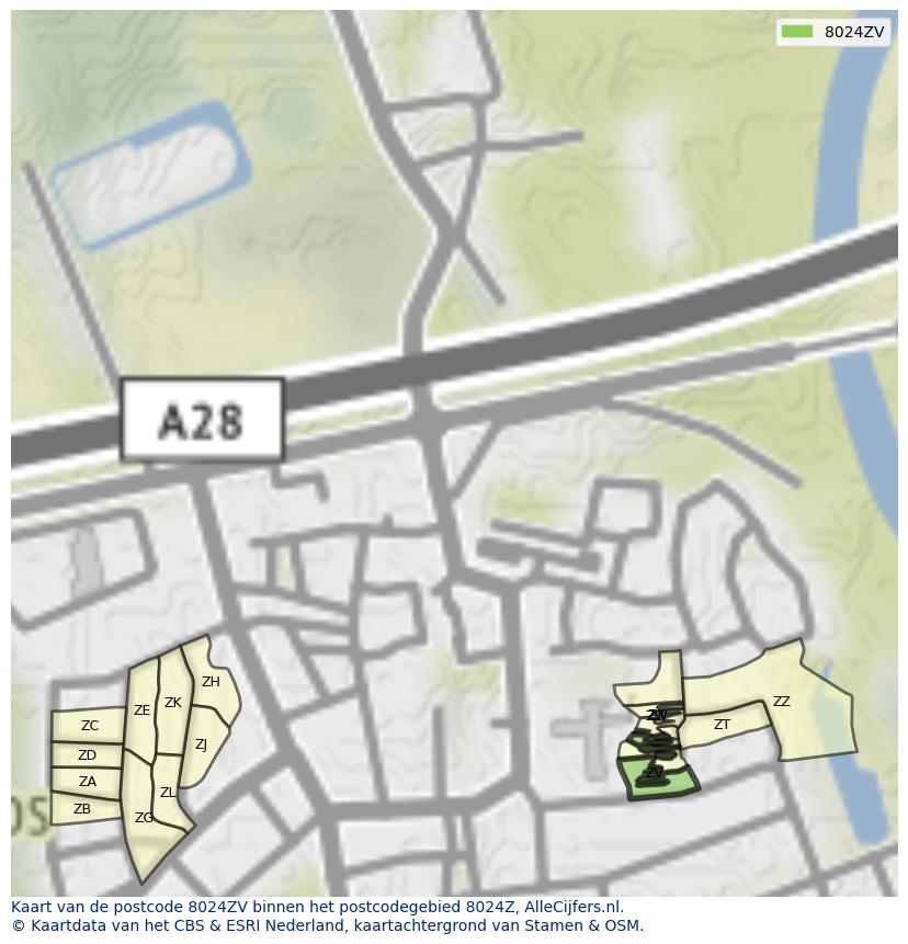 Afbeelding van het postcodegebied 8024 ZV op de kaart.