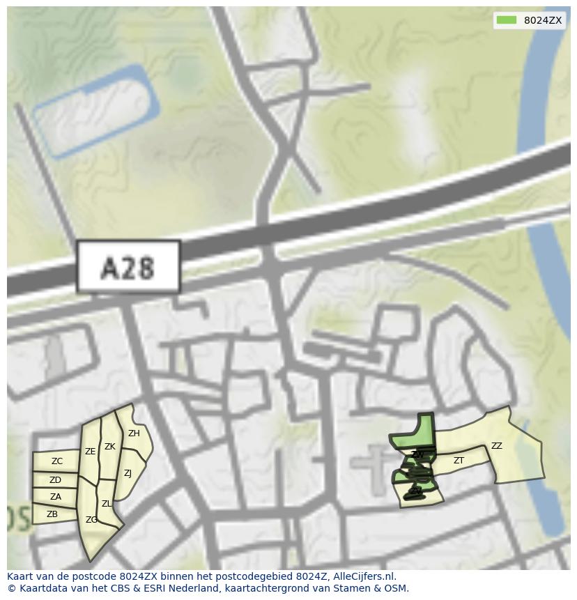 Afbeelding van het postcodegebied 8024 ZX op de kaart.