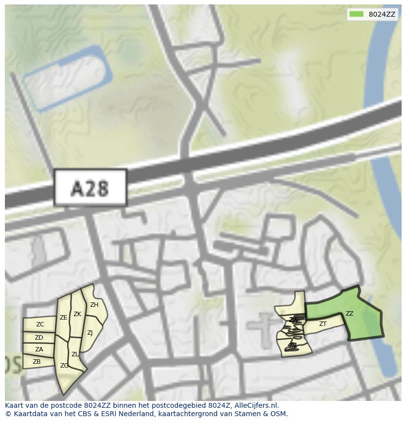 Afbeelding van het postcodegebied 8024 ZZ op de kaart.