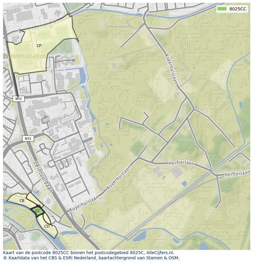 Afbeelding van het postcodegebied 8025 CC op de kaart.