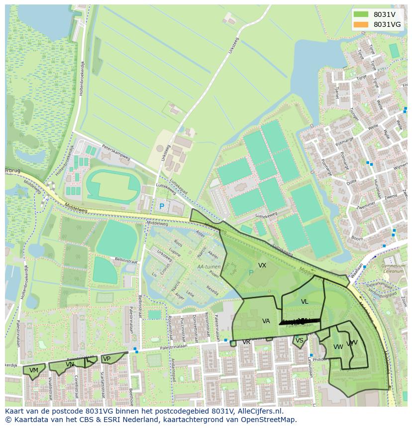 Afbeelding van het postcodegebied 8031 VG op de kaart.