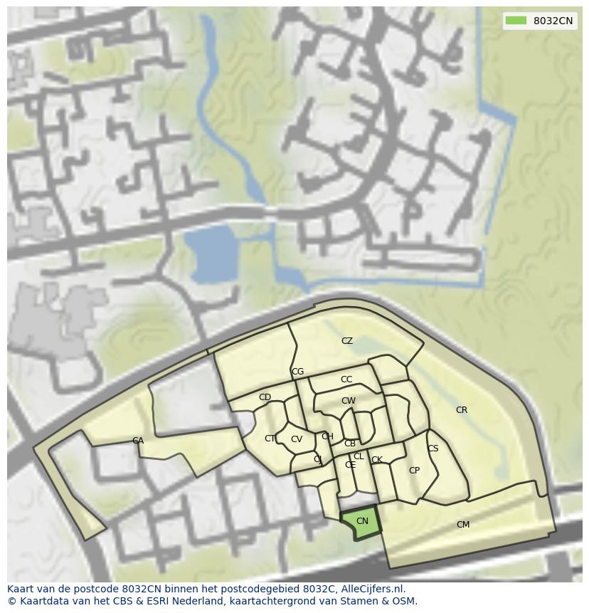 Afbeelding van het postcodegebied 8032 CN op de kaart.