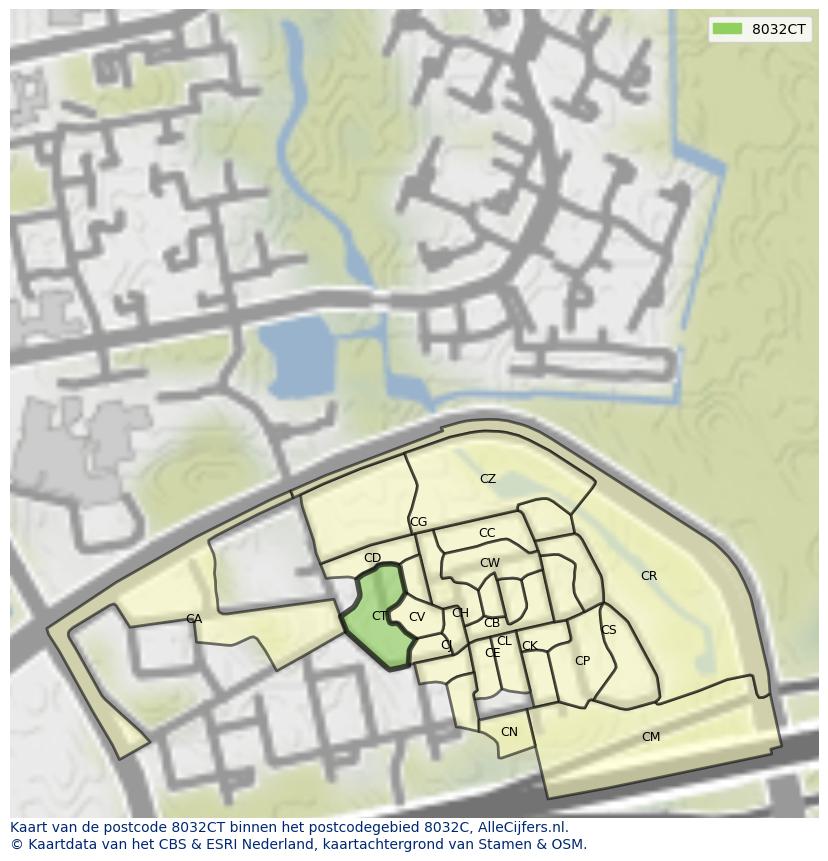 Afbeelding van het postcodegebied 8032 CT op de kaart.