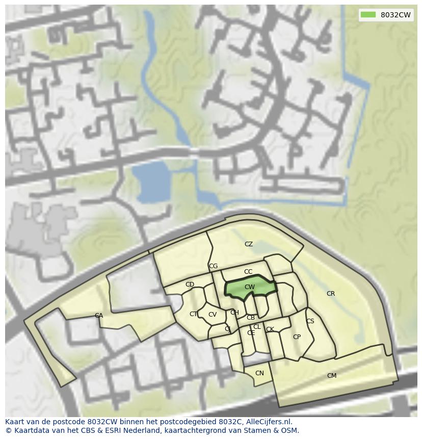 Afbeelding van het postcodegebied 8032 CW op de kaart.