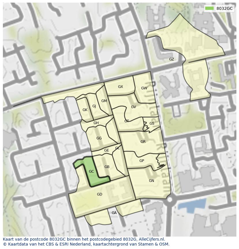 Afbeelding van het postcodegebied 8032 GC op de kaart.
