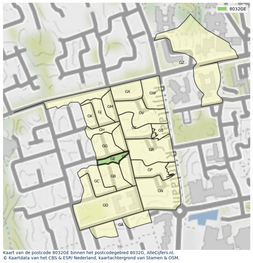 Afbeelding van het postcodegebied 8032 GE op de kaart.