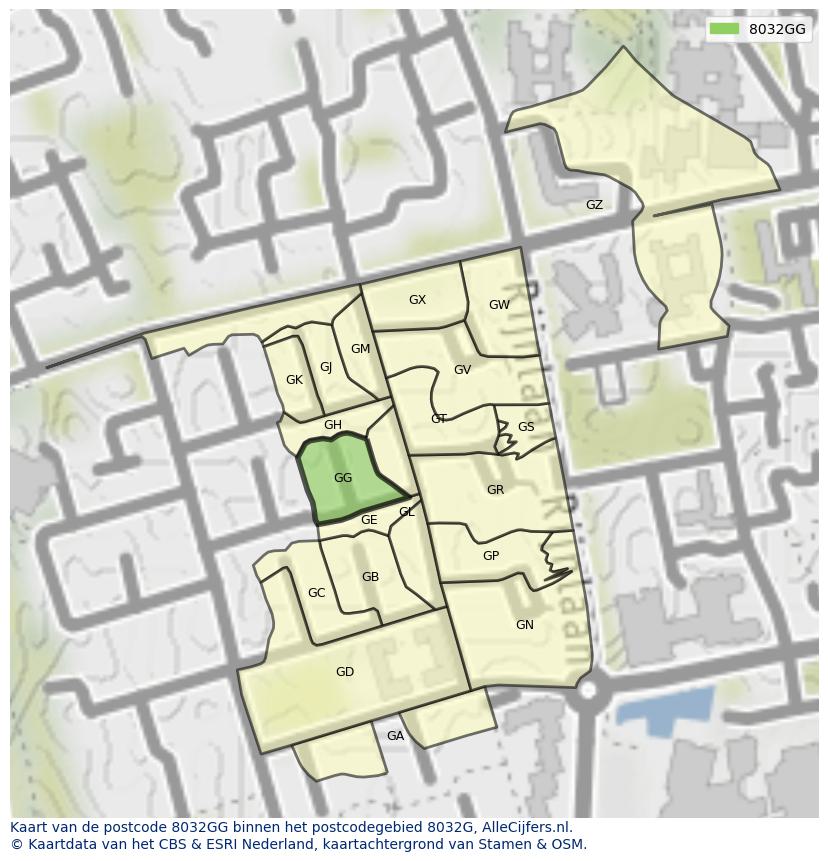 Afbeelding van het postcodegebied 8032 GG op de kaart.