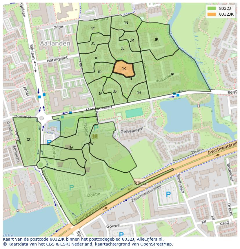 Afbeelding van het postcodegebied 8032 JK op de kaart.