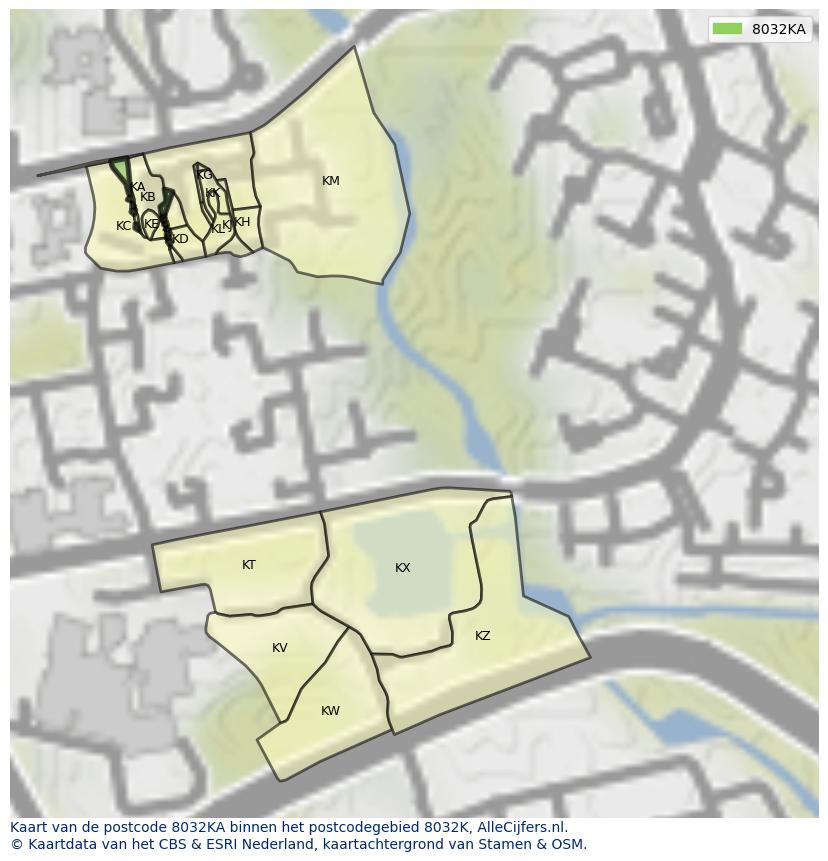 Afbeelding van het postcodegebied 8032 KA op de kaart.