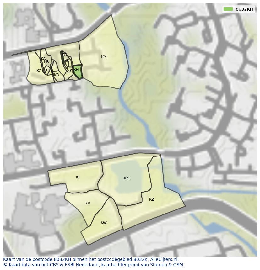 Afbeelding van het postcodegebied 8032 KH op de kaart.
