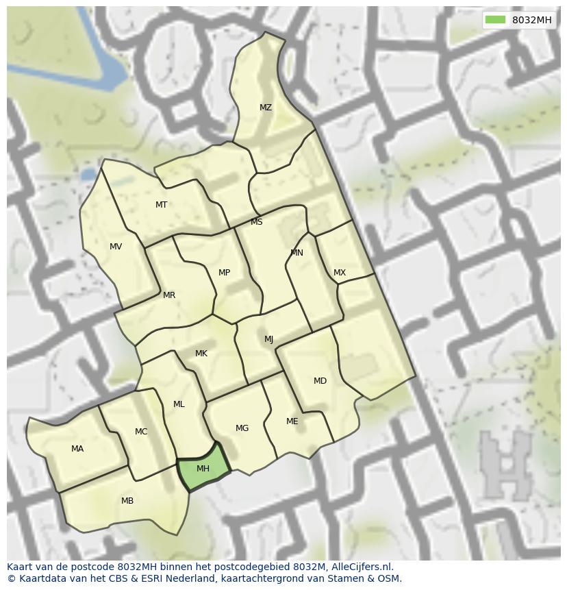 Afbeelding van het postcodegebied 8032 MH op de kaart.