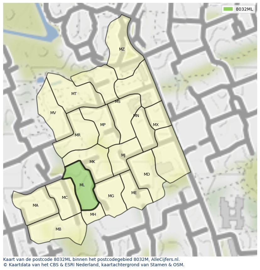 Afbeelding van het postcodegebied 8032 ML op de kaart.