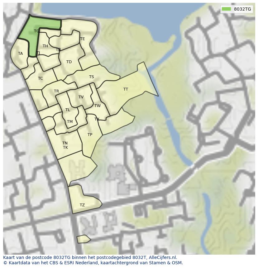 Afbeelding van het postcodegebied 8032 TG op de kaart.