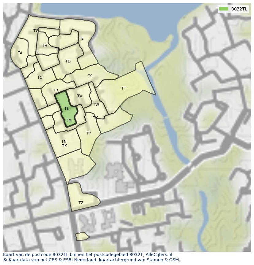 Afbeelding van het postcodegebied 8032 TL op de kaart.