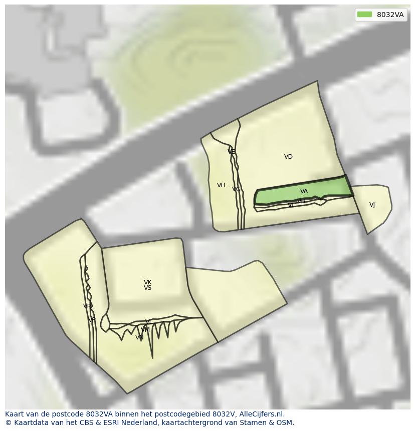 Afbeelding van het postcodegebied 8032 VA op de kaart.