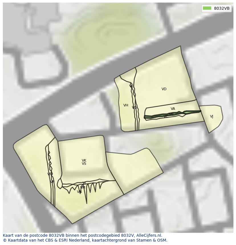 Afbeelding van het postcodegebied 8032 VB op de kaart.